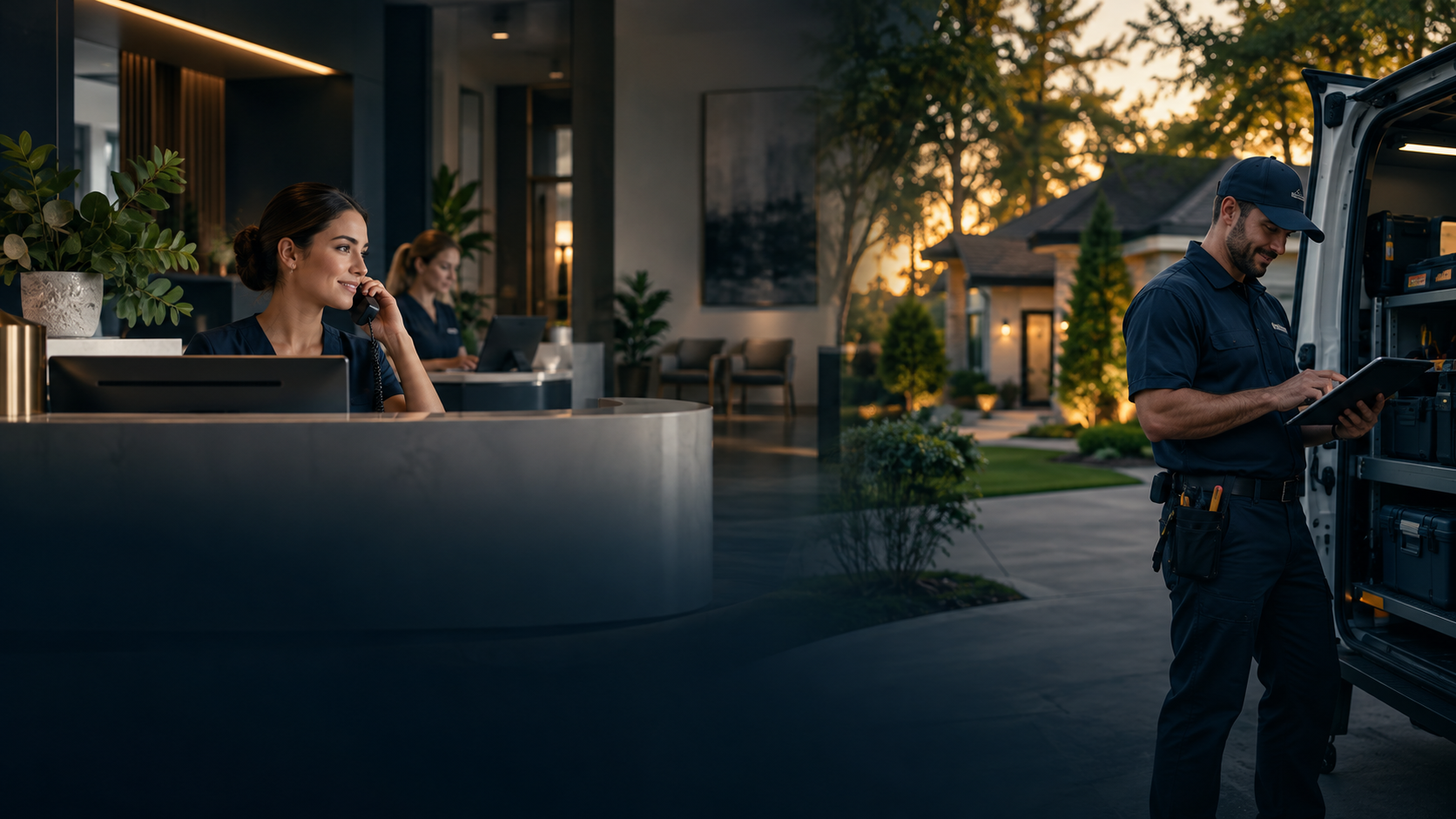 A front-desk team and a home service technician at work